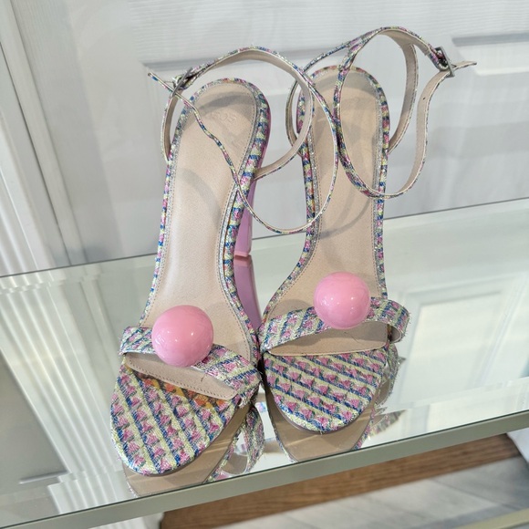 Like New ASOS Tinkerbell Bubblegum Metallic stripes strappy heels Sz 7 - Picture 2 of 8